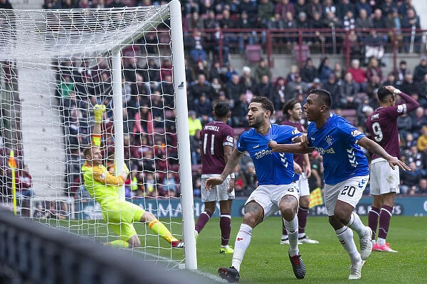 Goldson and Morelos: Celebrating Rangers Goal at Tynecastle in the Ladbrokes Premiership