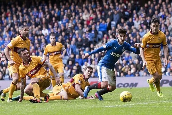 Intense Battle: Emerson Hyndman Fights for the Ball in Rangers vs Motherwell, Ladbrokes Premiership Clash at Ibrox Stadium