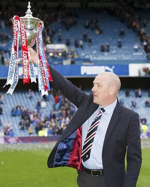 Mark Warburton Celebrates Championship Win with Rangers and Ladbrokes Trophy at Ibrox Stadium