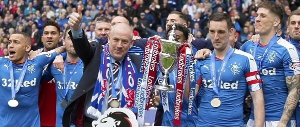 Mark Warburton and Lee Wallace: Rangers Football Club's Championship Winning Duo Celebrate with the Trophy at Ibrox Stadium