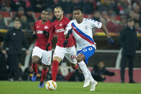 Rangers Alfredo Morelos Charges Forward in Europa League Clash Against Spartak Moscow at Otkritie Arena