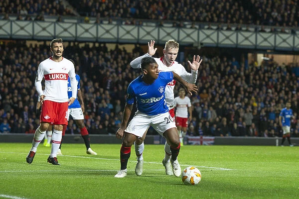 Rangers Alfredo Morelos Shields Ball from Spartak Moscow in Europa League Clash at Ibrox Stadium