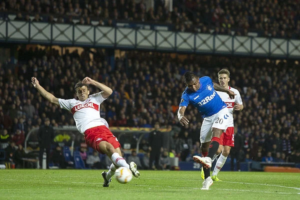 Rangers Alfredo Morelos Thunders a Shot Towards Spartak Moscow in Europa League Action at Ibrox Stadium