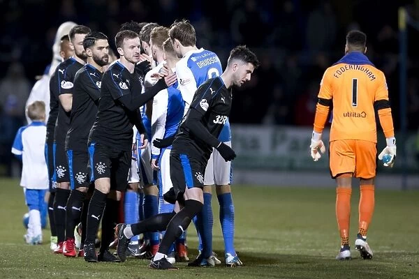 Rangers Andy Halliday Exchanges Post-Match Greetings with St. Johnstone Players at McDiarmid Park