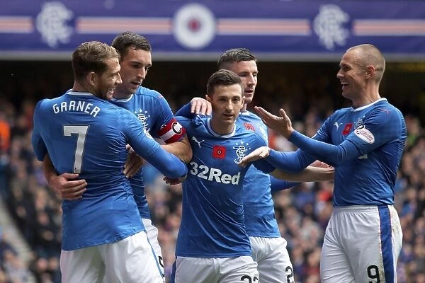 Rangers: Celebrating Lee Wallace's Goal with Teammates in the Ladbrokes Premiership at Ibrox Stadium