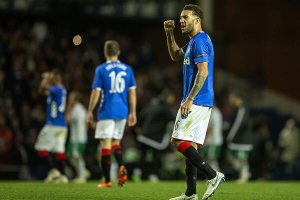 Rangers Connor Goldson Celebrates Europa League Victory Over Rapid Vienna at Ibrox Stadium