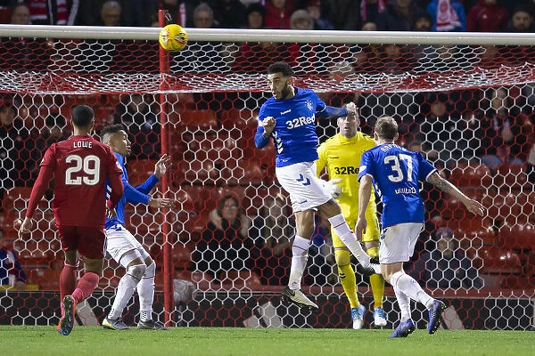 Rangers Connor Goldson Clears the Ball at Pittodrie Stadium during Aberdeen Clash - Scottish Premiership