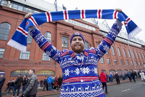 Rangers Fan Mark Lightbody Dons Christmas Suit at Ibrox Stadium for Rangers vs. Hibernian (Scottish Premiership, 2003 Scottish Cup Winners)