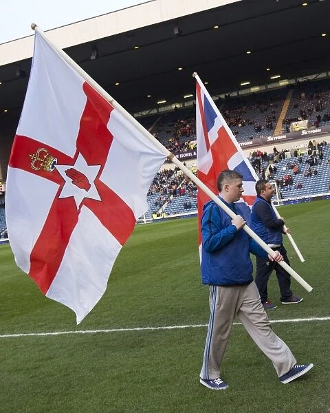 Rangers Football Club: Flag Bearers Celebrate Victory in Ibrox Stadium after 2-0 Win over Linfield