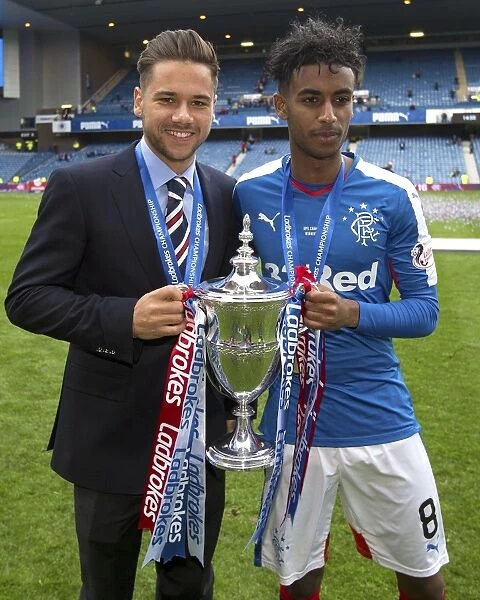 Rangers Football Club: Harry Forrester and Gedion Zelalem Celebrate Championship Win with the Ladbrokes Trophy at Ibrox Stadium