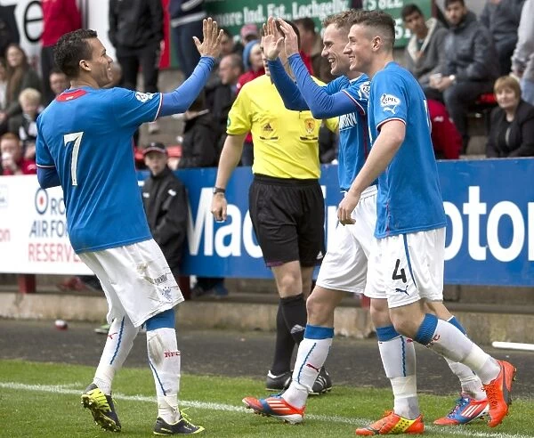 Rangers Football Club: Triumphant Moment as Dean Shiels, Fraser Aird, and Arnold Peralta Celebrate Goal in Scottish League One (Scottish Cup Winning Team, 2003)