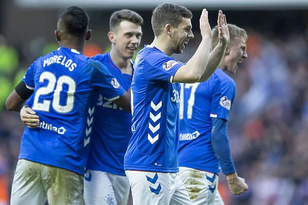 Rangers Football Club: Triumphant Moment as Jack, Morelos, Flanagan, and McCrorie Celebrate Scottish Premiership Victory Over Celtic (Scottish Cup Champions 2003)