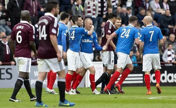 Rangers Glory: Kenny Miller's Thrilling Goal Celebration with Team Mates in the Scottish Championship Winning Moment vs Heart of Midlothian at Tynecastle Stadium (2003)