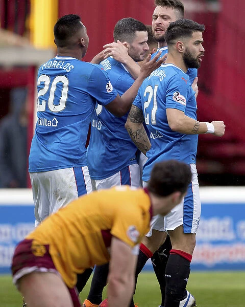 Rangers: Jamie Murphy and Team Mates Celebrate Goal in Motherwell Victory, Ladbrokes Premiership