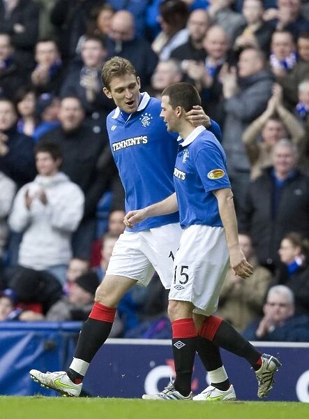 Rangers Jelavic and Healy: Celebrating Goals in Rangers 4-0 Victory over Saint Johnstone at Ibrox (Clydesdale Bank Scottish Premier League)