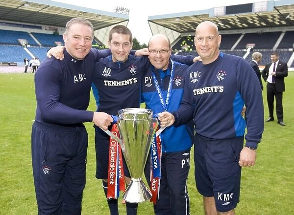Rangers (L-R) Ally McCoist, Adam Owen, Pip Yates and Kenny McDowall celebrate at the end of the match