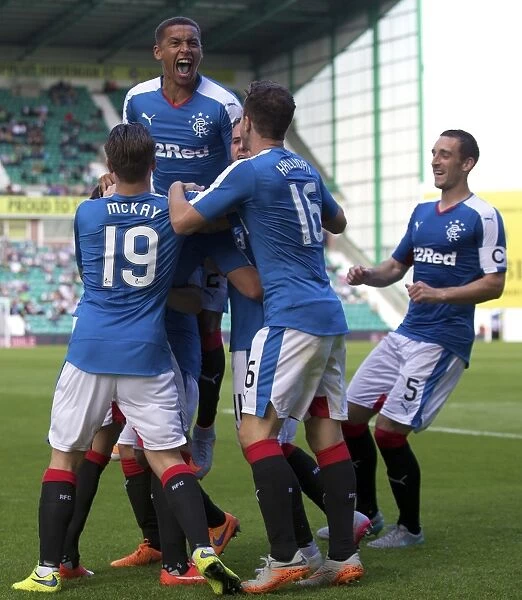 Rangers Martyn Waghorn Doubles Up: Jubilant Moment with Teammates after Scoring Brace in Petrofac Training Cup Match vs. Hibernian (2023)