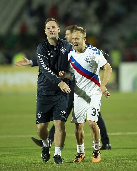 Rangers Michael Beale and Scott Arfield: Europa League Play-Off Victory Celebration