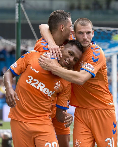 Rangers: Morelos, Katic, Barisic - Triumphant Celebration after Goal in Betfred Cup Match vs. Kilmarnock