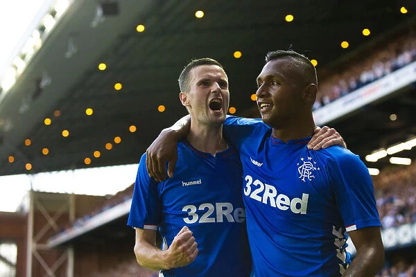 Rangers Murphy and Morelos: Unstoppable Duo Celebrates Goal in Europa League Clash vs FC Shkupi at Ibrox Stadium