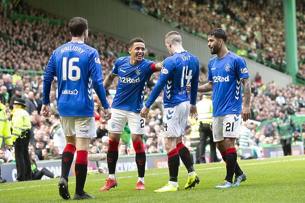 Rangers Ryan Kent Celebrates Goal Amidst Team Mates: Celtic Park Thriller, Scottish Premiership 2023