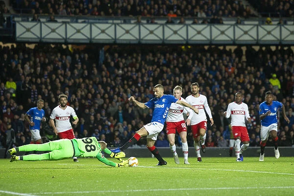 Rangers vs Spartak Moscow: Eros Grezda's Thwarted Goal Attempt in UEFA Europa League Group G at Ibrox Stadium