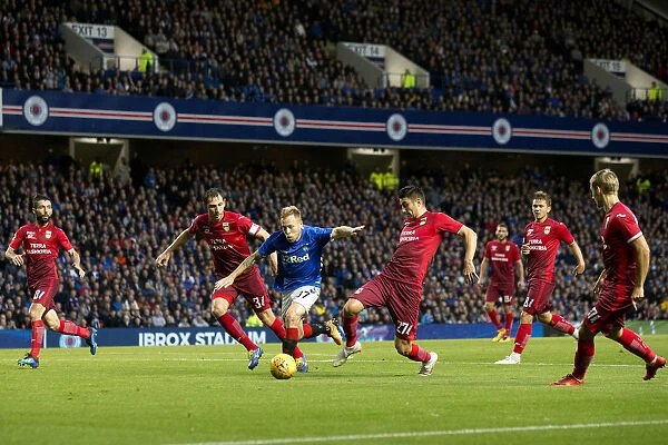 Scott Arfield Fights for Possession: Rangers vs FC Ufa - Europa League Play Off at Ibrox Stadium