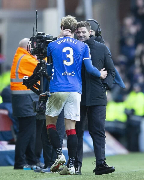 Steven Gerrard Conferring with Joe Worrall: Post-Match Moment at Ibrox Stadium - Rangers vs Celtic, Scottish Premiership