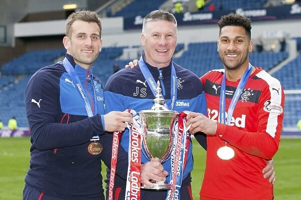 Triumphant Rangers Goalkeepers: Cammy Bell, Wes Foderingham, and Jim Stewart Celebrate Championship Victory at Ibrox Stadium (2003)