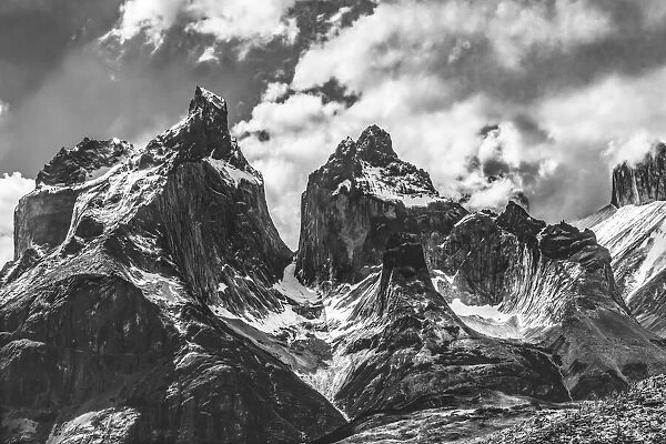 Black and white Paine Horns three granite peaks, Torres del Paine National Park
