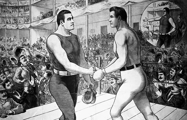 CORBETT & SULLIVAN, 1892. James J. ( Gentleman Jim ) Corbett (right) shakes hands with John L. Sullivan at the beginning of their championship fight in New Orleans, 7 September 1892. Line engraving from a contemporary newspaper