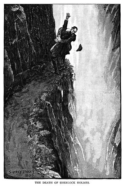 DOYLE: SHERLOCK HOLMES. Sherlock Holmes and Professor Moriarty locked in mortal combat at the Reichenbach Falls. Wood engraving after a drawing by Sidney Paget from the Strand magazine for Sir Arthur Conan Doyles The Adventure of the Final Problem, 1893