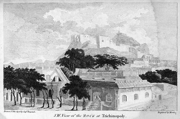 INDIA: TRICHINOPOLY, 1789. Southwest view of the Rock Fort at Trichinopoly (Tiruchirappalli), India. Copper engraving, English, 1789, after a drawing by Captain Elisha Trapaud