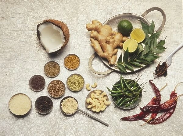 Selection of ingredients typical for South India, spices, grains, lentils, seeds, leaves, arranged on round metal dishes
