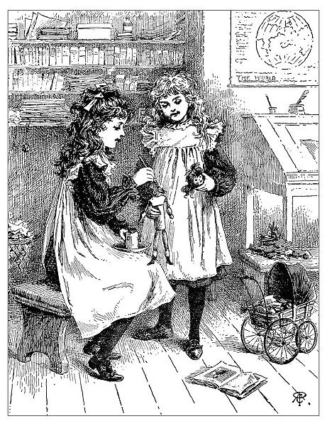 Antique childrens book comic illustration: girls repairing toys dolls
