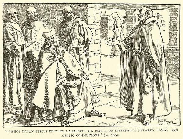 'Bishop Dagan discussed with Laurence the points of difference between Roman and Celtic Communions'(engraving)