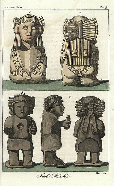 Busts of sacred idols of the Aztecs, Mexico City. Kneeling idol Chalchiuhtlicue with pearl headdress and triangular neckerchief, idol with stone in left hand and hole in chest for incense (copal or xochitlenamactli)