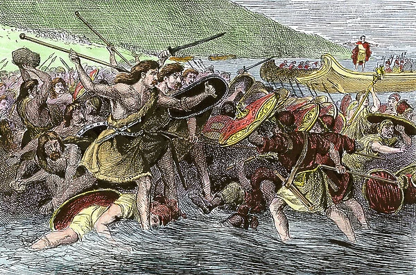 Civilization of Antiquity: The Roman army of Jules Cesar debarking in England to invade the country, around the year 55. Colour engraving of the 19th century