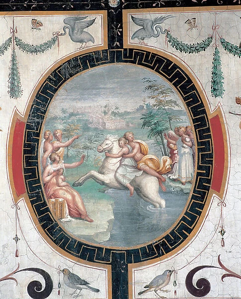 Clelie (6eme siecle avant JC) passant le Tibre (Cloelia Passing the Tiber) - Peinture de Cristofano Gherardi (1508-1556), fresque, milieu 16eme siecle - Musei Capitolini, Rome (Italie)