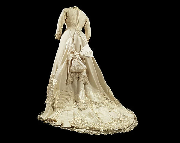 COSTUME: dress: wedding dress, Miss Armour, Scotand, Glasgow, 335 Bath Street, 1878 (silk, cotton, metal)