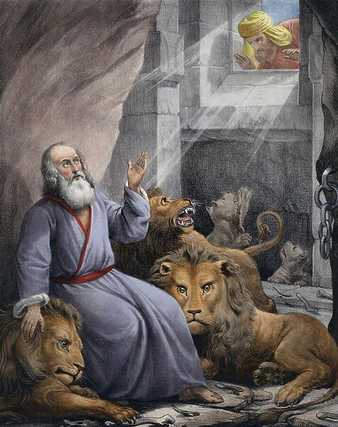 Daniel in the Lions Den (coloured engraving)