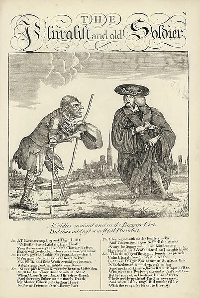 Disabled soldier begging charity from a rich parson and receiving nothing. The Pluralist and the Soldier. Copperplate engraving by Thomas Sanders after a satirical illustration by Timothy Bobbin (John Collier) (1708-1786)