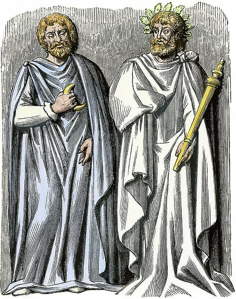 Druid priest with the crescent moon of the six days and druid of sacrifices (Celtic Great Britain). Colouring engraving of the 19th century