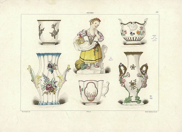 Early Sevres ware: cup decorated in gold relief, figure from the collection of Ch. Stein 1754, Saxony (Meissen) imitation, vase from the collection of Alf. Andre, four-lobed cup with vignette, and small terrace vase