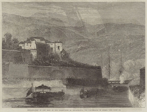 Embarkation of the Body of the Czarewitch at Villafranca, for Conveyance to Russia (engraving)
