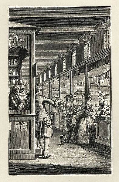 Fashionable society shopping in the Galleries of the Palais Royal, Paris. Man talking to booksellers, women at a fabric shop. Lithograph after Hubert-Francois Gravelot from Paul Lacroix The Eighteenth Century: Its Institutions, Customs
