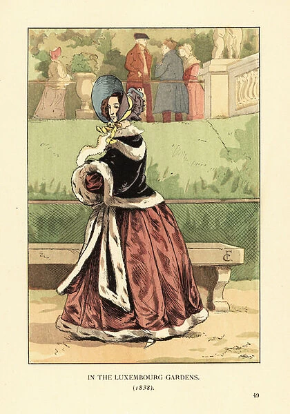 Fashionable woman in the Luxembourg Gardens in 1838, 1898 (litho)