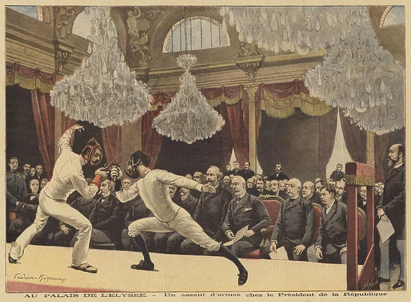 A fencing match before the President of France at the Elysee Palace (colour litho)