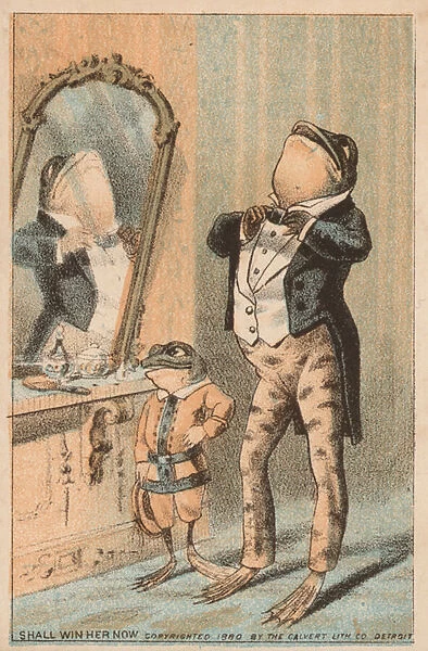 Frog getting dressed for a night out (chromolitho)