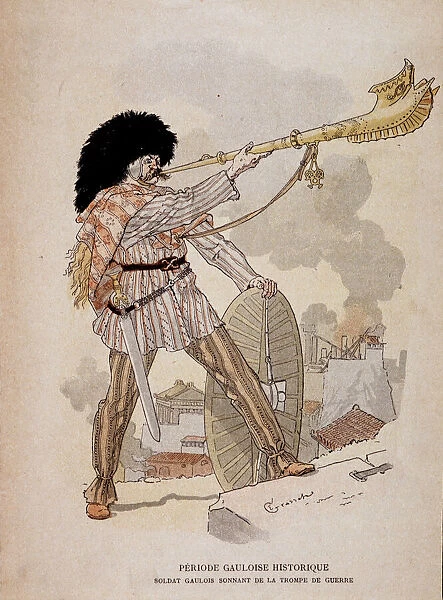 Gallic soldier sounding from the horn of war (carnyx) - in '